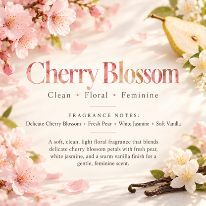 Cherry Blossom scent profile featuring delicate cherry blossom, fresh pear, white jasmine and soft vanilla for a clean feminine floral fragrance.