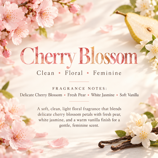 Cherry Blossom scent profile featuring delicate cherry blossom, fresh pear, white jasmine and soft vanilla for a clean feminine floral fragrance.