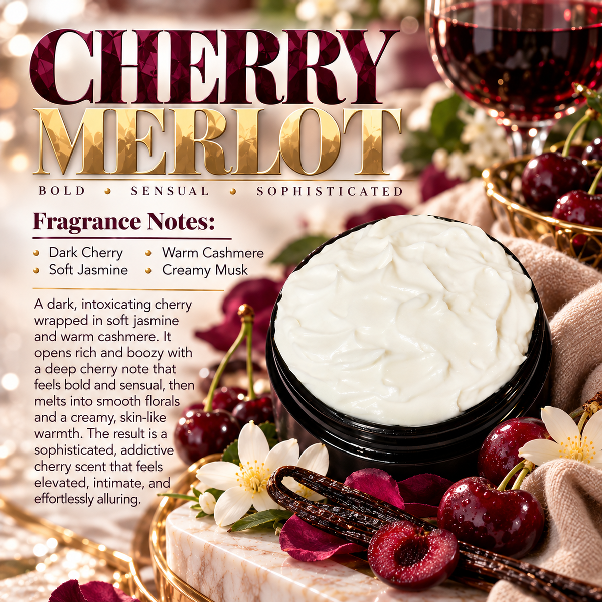 Cherry Merlot body lotion scent profile image by Phat Bath & Body featuring the original open black lotion jar with dark cherry, jasmine, cashmere and creamy musk accents, with fragrance notes of dark cherry, soft jasmine, warm cashmere and creamy musk.