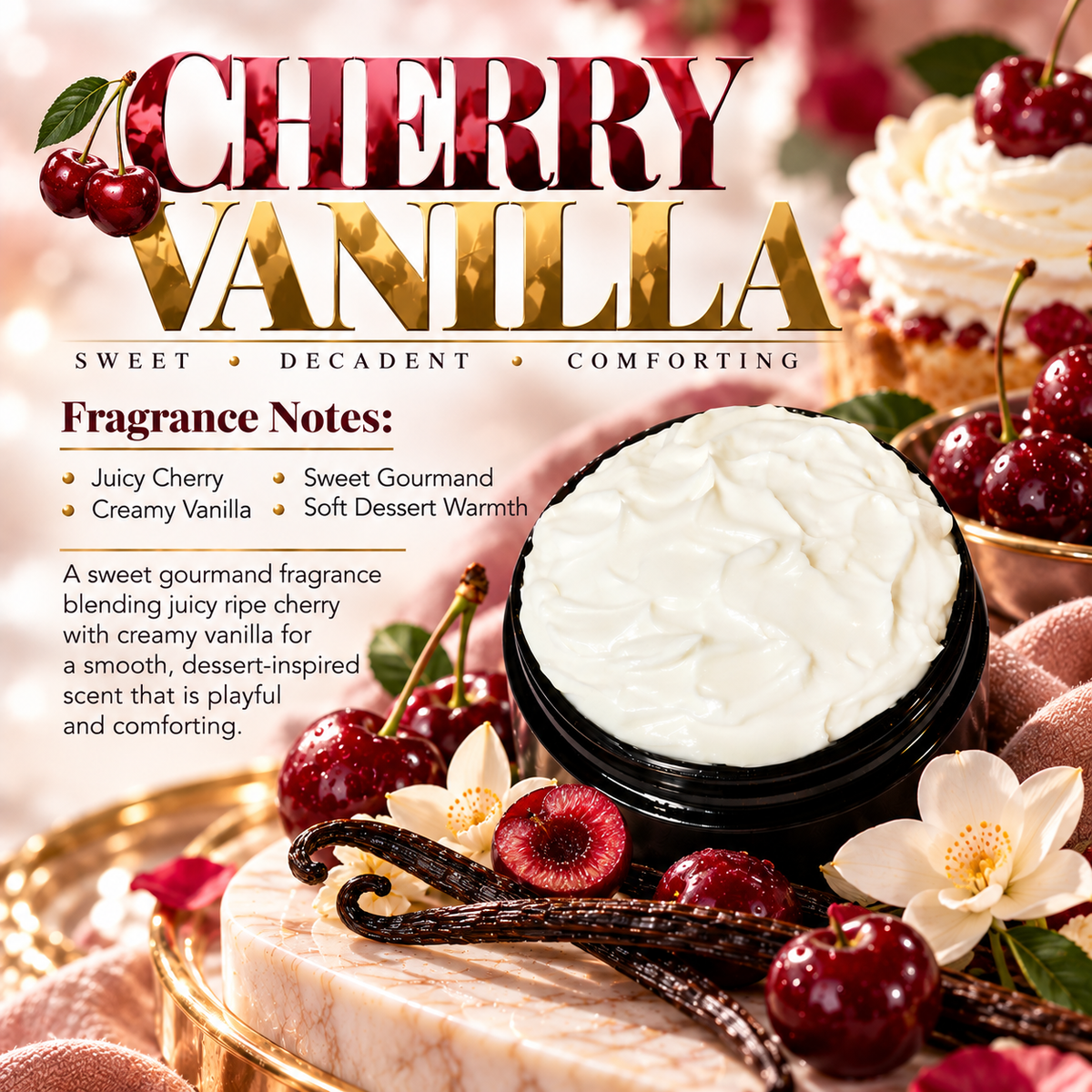 Cherry Vanilla body lotion scent profile image by Phat Bath & Body featuring the original open black lotion jar with juicy cherry, creamy vanilla and dessert-inspired accents, with fragrance notes of juicy cherry, creamy vanilla, sweet gourmand and soft dessert warmth.
