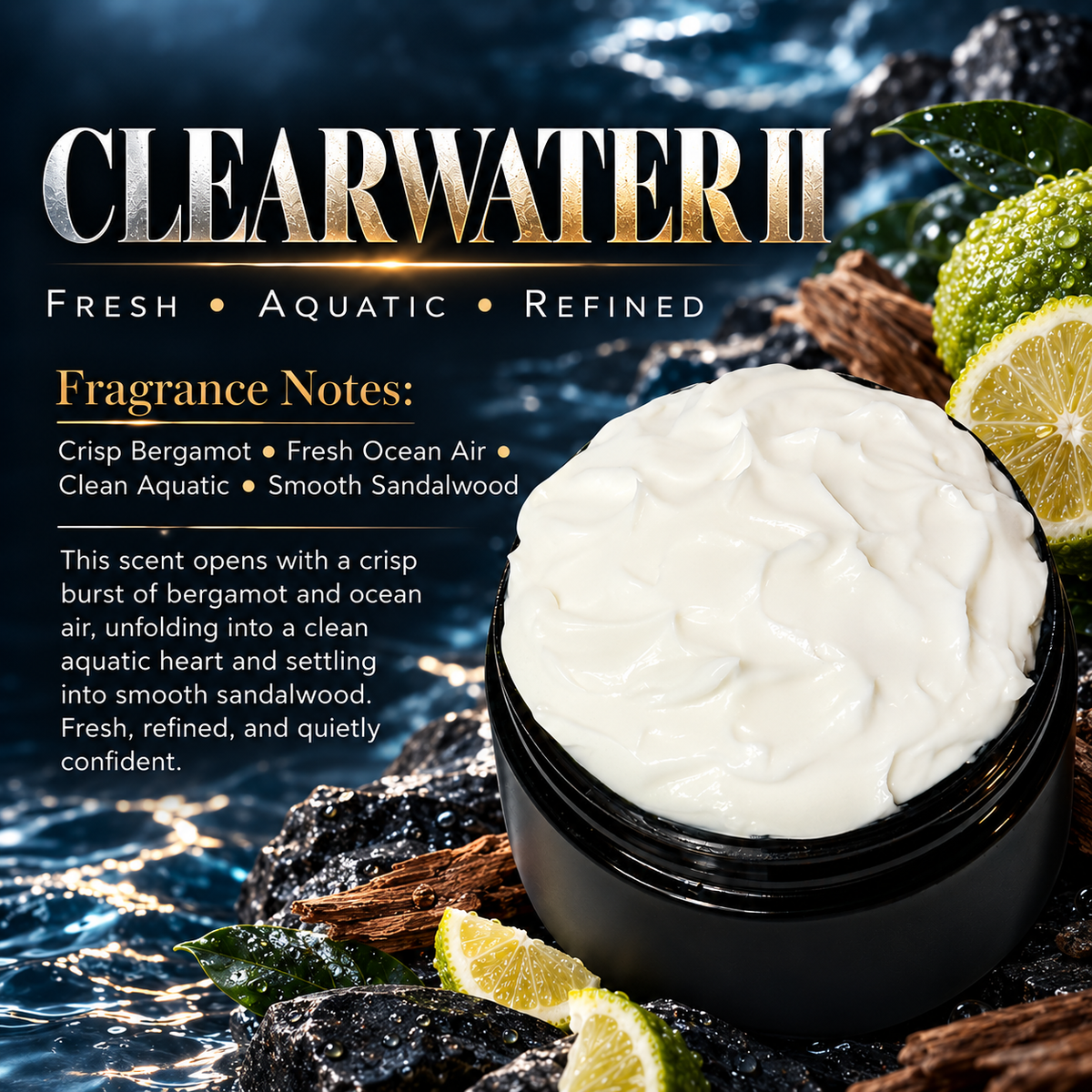 Clearwater II men’s body lotion scent profile image by Phat Bath & Body featuring an open lotion jar with bergamot, aquatic and sandalwood accents, with fragrance notes of crisp bergamot, fresh ocean air, clean aquatic and smooth sandalwood.