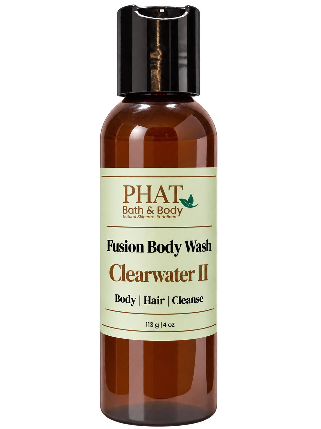Phat Bath & Body Clearwater II men’s Fusion Body Wash in a 4 oz amber bottle with sage-green label.