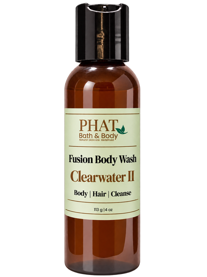 Phat Bath & Body Clearwater II men’s Fusion Body Wash in a 4 oz amber bottle with sage-green label.