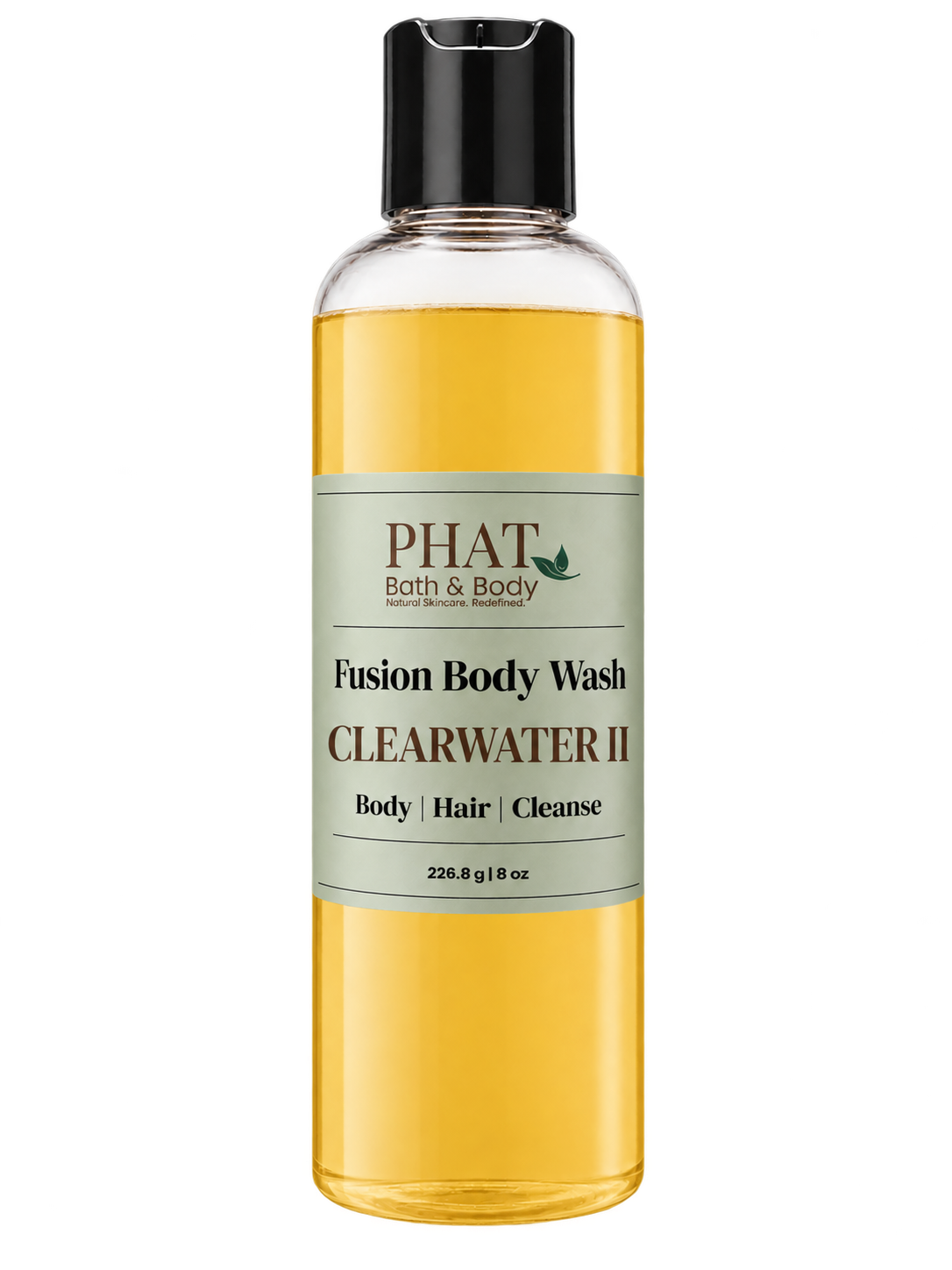 Phat Bath & Body Clearwater II men’s Fusion Body Wash in a clear 8.5 oz bottle with golden body wash and sage-green label.