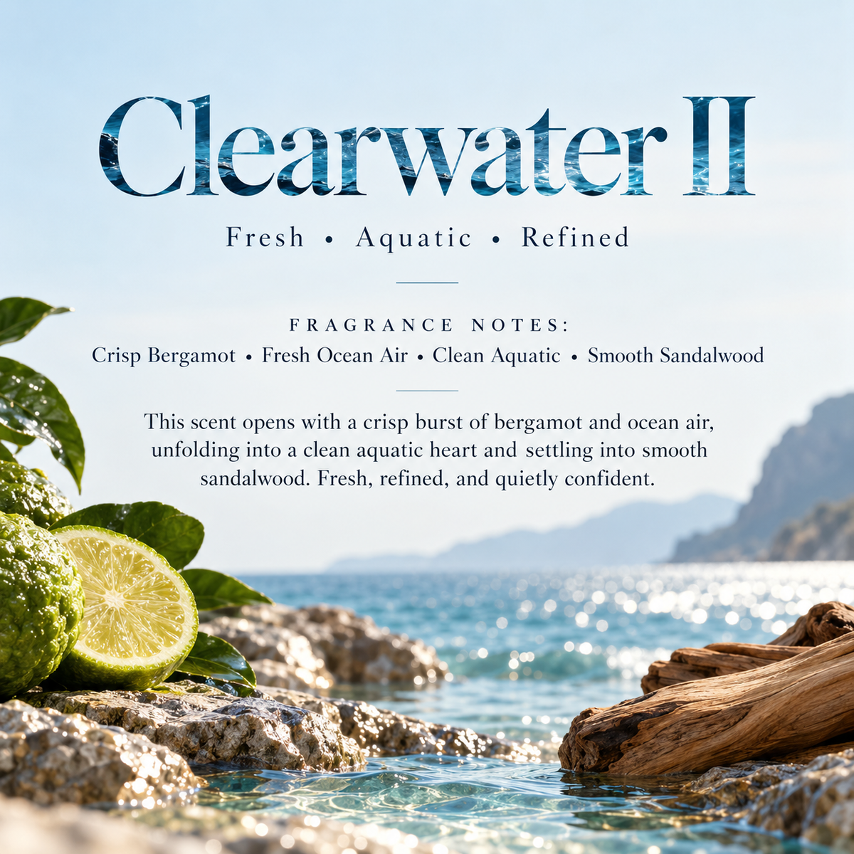 Clearwater II men’s Signature Scent profile featuring crisp bergamot, fresh ocean air, clean aquatic notes and smooth sandalwood.