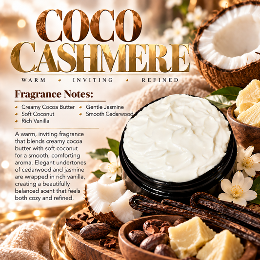 Coco Cashmere body lotion scent profile image by Phat Bath & Body featuring the original open black lotion jar with cocoa butter, soft coconut, vanilla, jasmine and cedarwood accents, with fragrance notes of creamy cocoa butter, soft coconut, rich vanilla, gentle jasmine and smooth cedarwood.