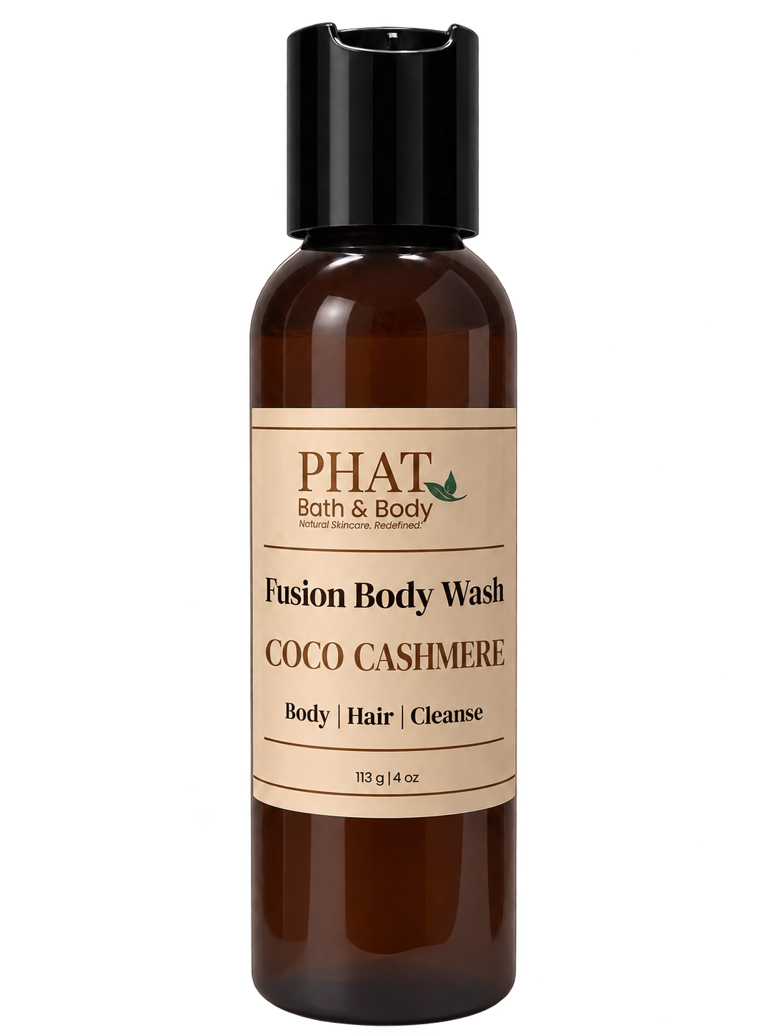 Phat Bath & Body Coco Cashmere Fusion Body Wash in a 4 oz amber bottle with cream label.