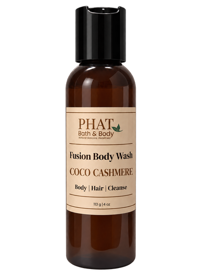 Phat Bath & Body Coco Cashmere Fusion Body Wash in a 4 oz amber bottle with cream label.
