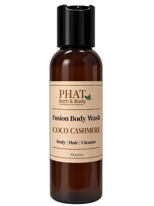 Phat Bath & Body Coco Cashmere Fusion Body Wash in a 4 oz amber bottle with cream label.