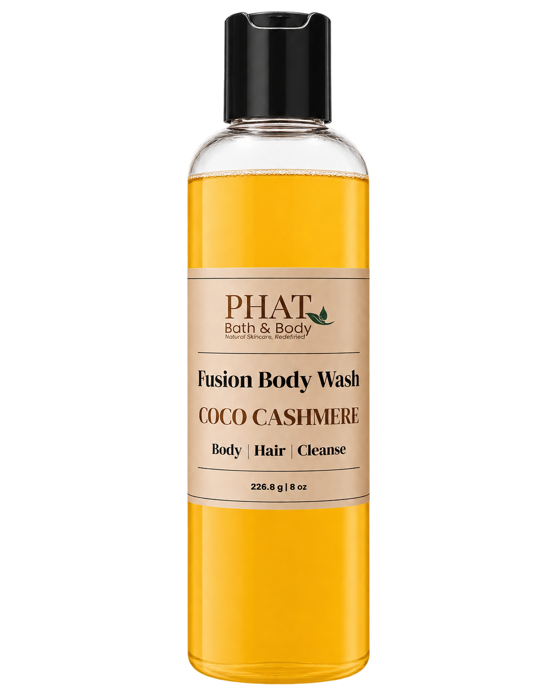 Phat Bath & Body Coco Cashmere Fusion Body Wash in a clear 8.5 oz bottle with golden body wash and cream label.