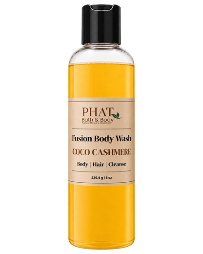 Phat Bath & Body Coco Cashmere Fusion Body Wash in a clear 8.5 oz bottle with golden body wash and cream label.