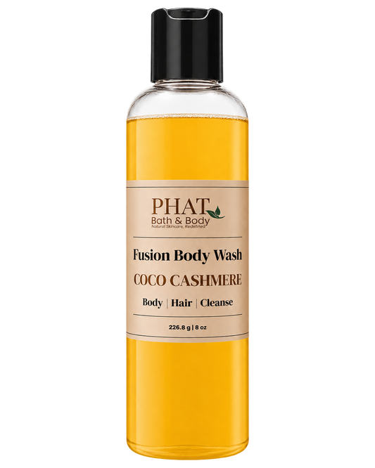 Phat Bath & Body Coco Cashmere Fusion Body Wash in a clear 8.5 oz bottle with golden body wash and cream label.