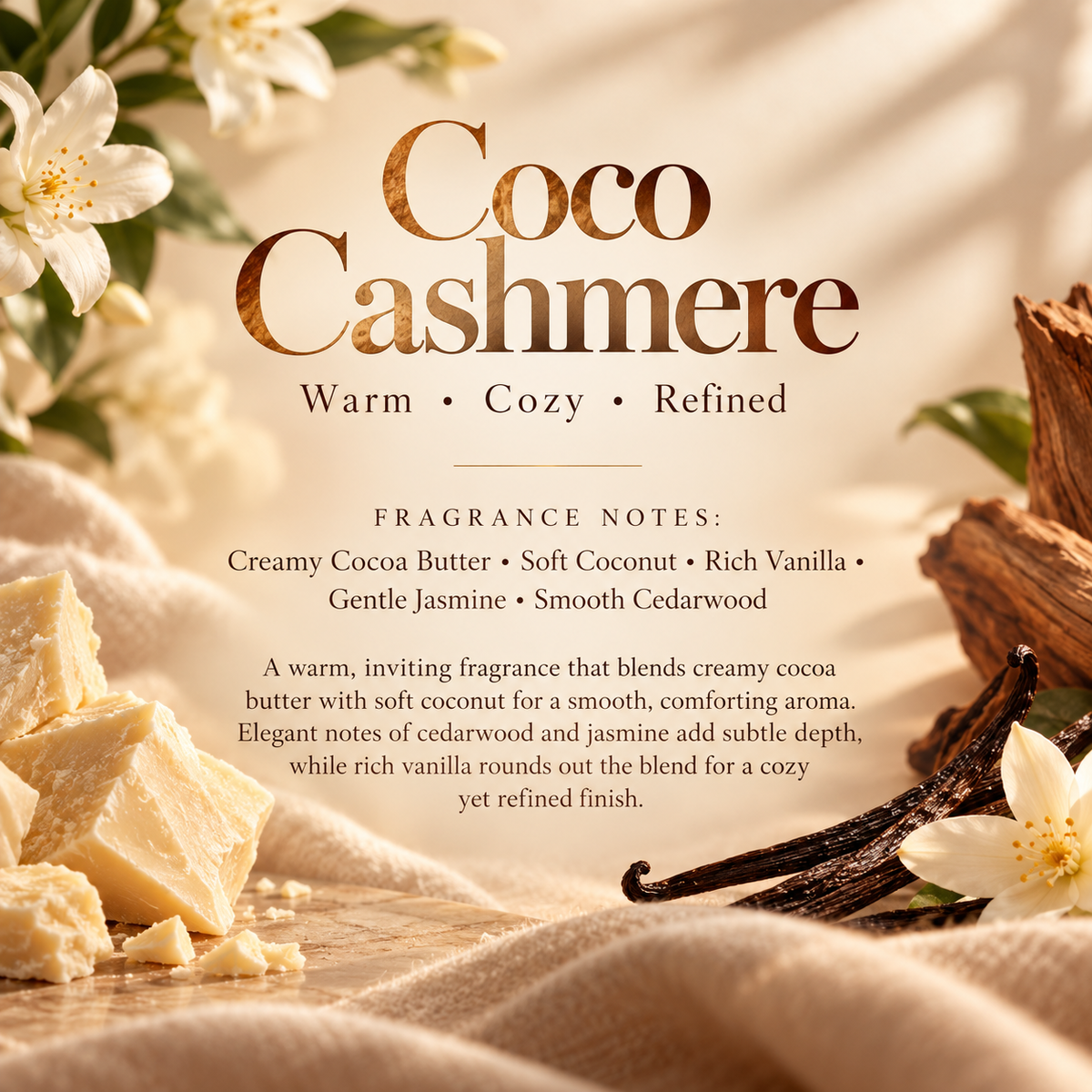Coco Cashmere scent profile featuring creamy cocoa butter, soft coconut, rich vanilla, gentle jasmine and smooth cedarwood.