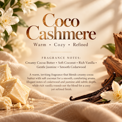 Coco Cashmere scent profile featuring creamy cocoa butter, soft coconut, rich vanilla, gentle jasmine and smooth cedarwood.
