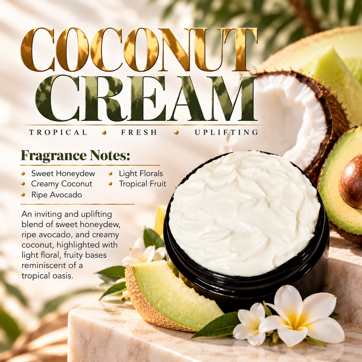 Coconut Cream body lotion scent profile image by Phat Bath & Body featuring the original open black lotion jar with honeydew, coconut, avocado and light floral accents, with fragrance notes of sweet honeydew, creamy coconut, ripe avocado, light florals and tropical fruit.