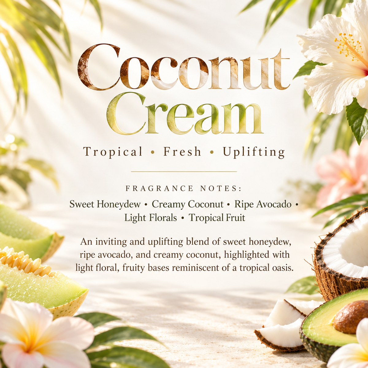 Coconut Cream scent profile featuring sweet honeydew, creamy coconut, ripe avocado, light florals and tropical fruit.