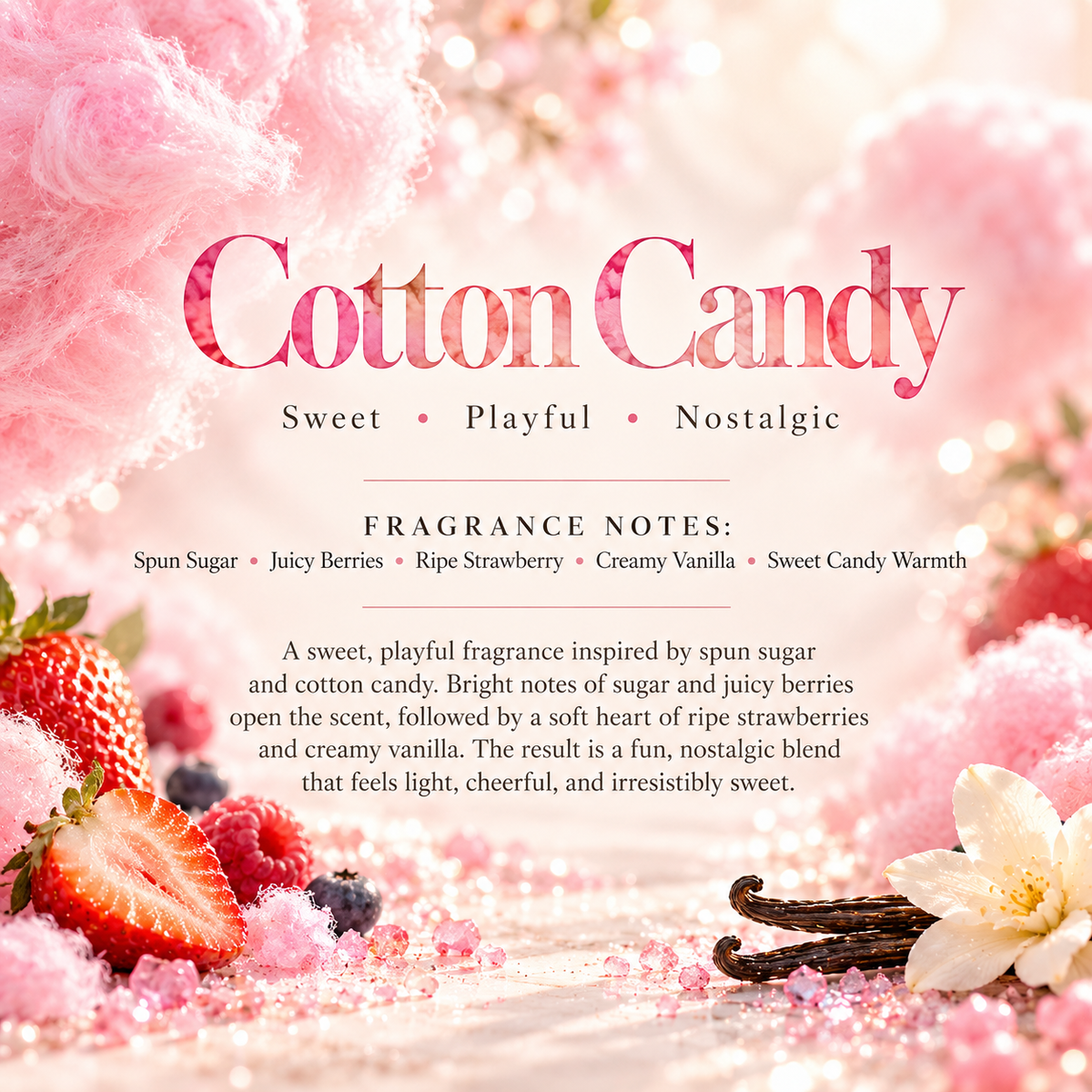 Cotton Candy scent profile featuring spun sugar, juicy berries, ripe strawberry, creamy vanilla and sweet candy warmth.
