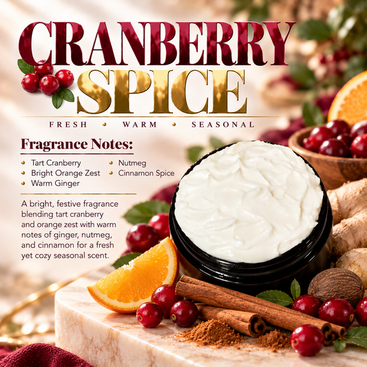 Cranberry Spice body lotion scent profile image by Phat Bath & Body featuring the original open black lotion jar with cranberry, orange, ginger, nutmeg and cinnamon accents, with fragrance notes of tart cranberry, bright orange zest, warm ginger, nutmeg and cinnamon spice.