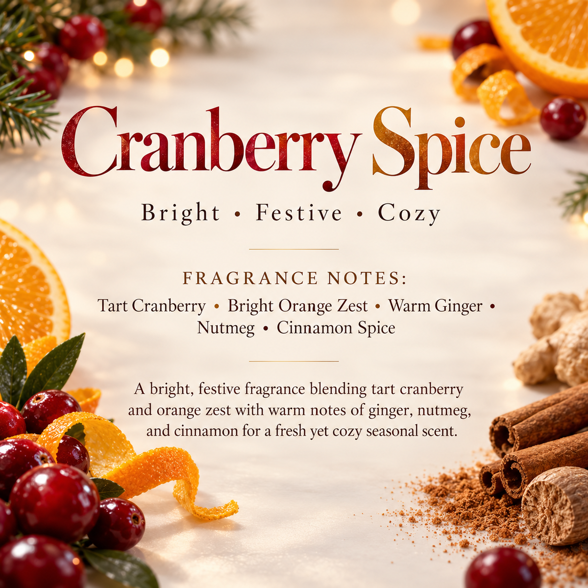 Cranberry Spice seasonal scent profile featuring tart cranberry, bright orange zest, warm ginger, nutmeg and cinnamon spice.
