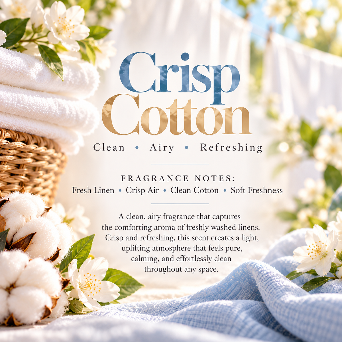 Crisp Cotton scent profile featuring fresh linen, crisp air, clean cotton and soft freshness for a light, airy clean fragrance.
