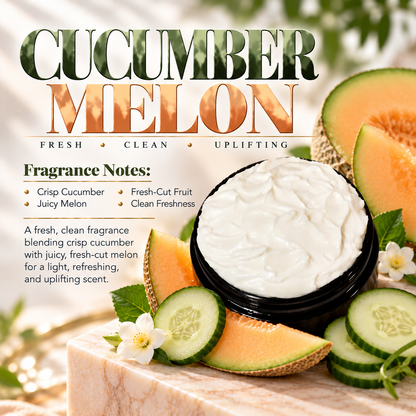 Cucumber Melon body lotion scent profile image by Phat Bath & Body featuring the original open black lotion jar with cucumber, melon and fresh botanical accents, with fragrance notes of crisp cucumber, juicy melon, fresh-cut fruit and clean freshness.