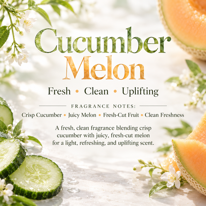 Cucumber Melon scent profile featuring crisp cucumber, juicy melon, fresh-cut fruit and clean freshness for a light refreshing fragrance.