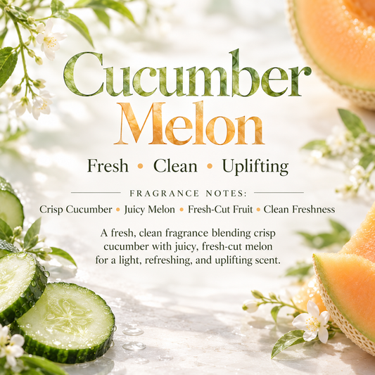 Cucumber Melon scent profile featuring crisp cucumber, juicy melon, fresh-cut fruit and clean freshness for a light refreshing fragrance.