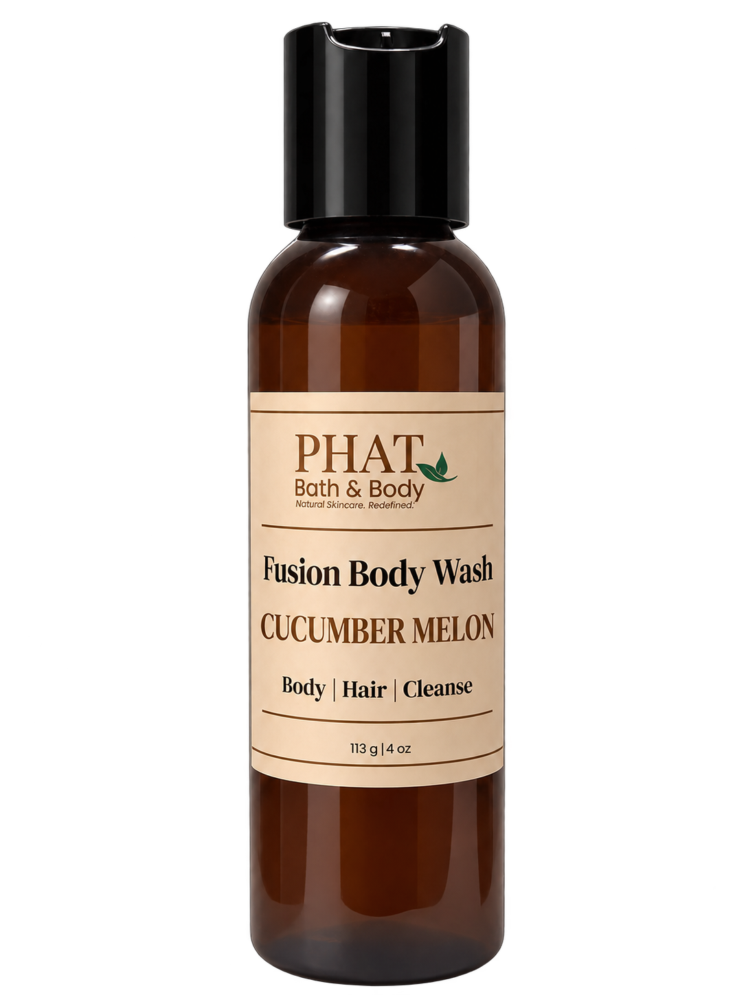 Phat Bath & Body Cucumber Melon Fusion Body Wash in a 4 oz amber bottle with cream label.