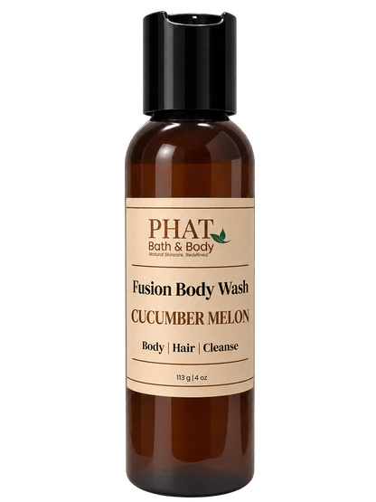 Phat Bath & Body Cucumber Melon Fusion Body Wash in a 4 oz amber bottle with cream label.