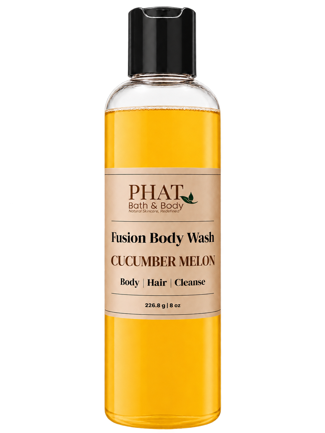 Phat Bath & Body Cucumber Melon Fusion Body Wash in a clear 8.5 oz bottle with golden body wash and cream label.