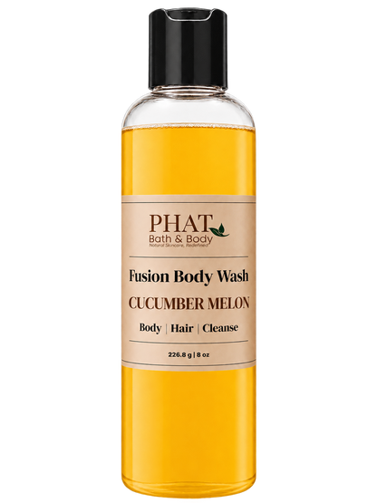 Phat Bath & Body Cucumber Melon Fusion Body Wash in a clear 8.5 oz bottle with golden body wash and cream label.