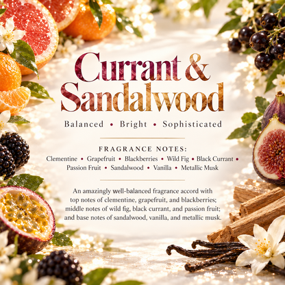 Currant & Sandalwood scent profile featuring clementine, grapefruit, blackberries, wild fig, black currant, passion fruit, sandalwood, vanilla and metallic musk.