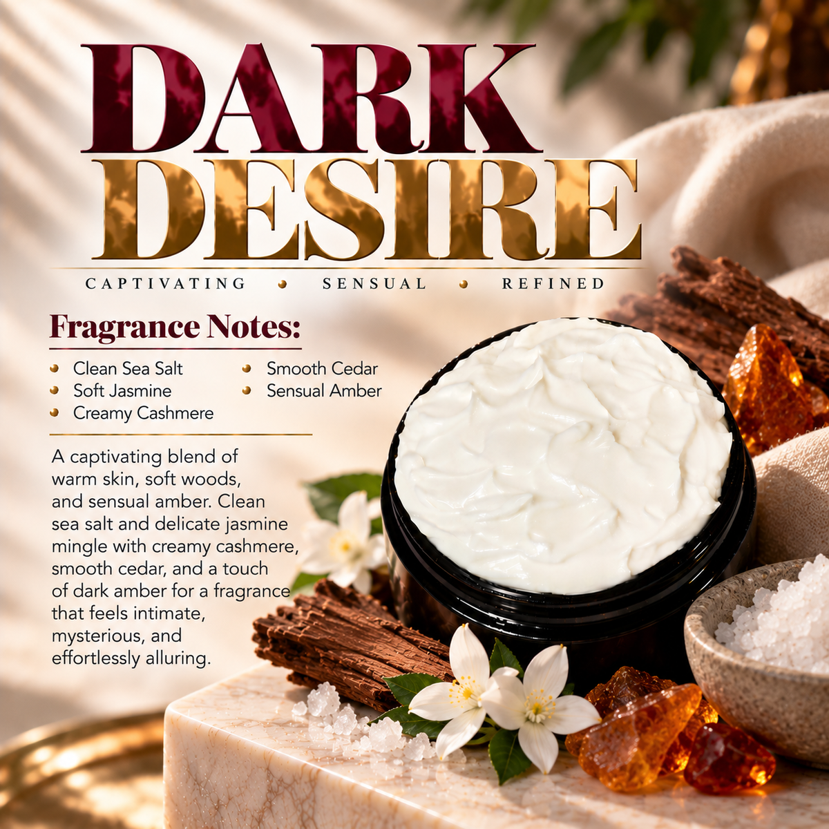 Dark Desire body lotion scent profile image by Phat Bath & Body featuring the original open black lotion jar with sea salt, jasmine, cashmere, cedar and amber accents, with fragrance notes of clean sea salt, soft jasmine, creamy cashmere, smooth cedar and sensual amber.