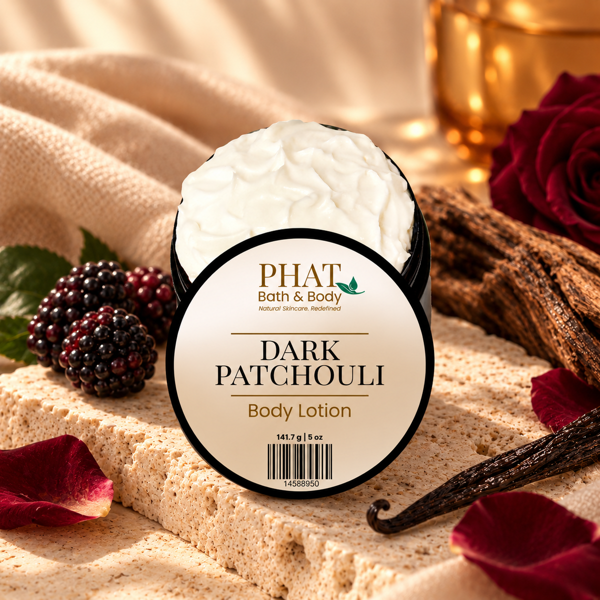 Phat Bath & Body Dark Patchouli Body Lotion styled with black raspberry, burgundy rose, dark vanilla, earthy patchouli, and warm sensual accents.