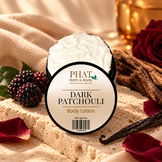Phat Bath & Body Dark Patchouli Body Lotion styled with black raspberry, burgundy rose, dark vanilla, earthy patchouli, and warm sensual accents.