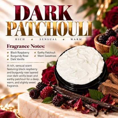 Dark Patchouli body lotion scent profile image by Phat Bath & Body featuring the original open black lotion jar with black raspberry, burgundy rose, dark vanilla and earthy patchouli accents, with fragrance notes of black raspberry, burgundy rose, dark vanilla, earthy patchouli and warm sweetness.