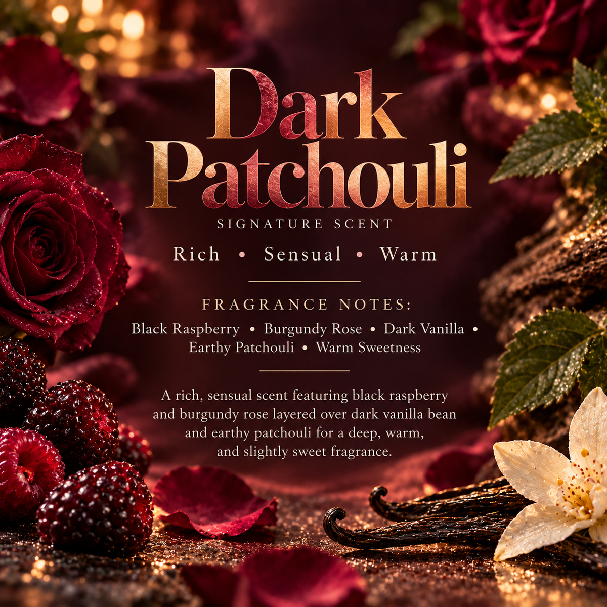 Dark Patchouli Signature Scent profile featuring black raspberry, burgundy rose, dark vanilla, earthy patchouli and warm sweetness fragrance notes.