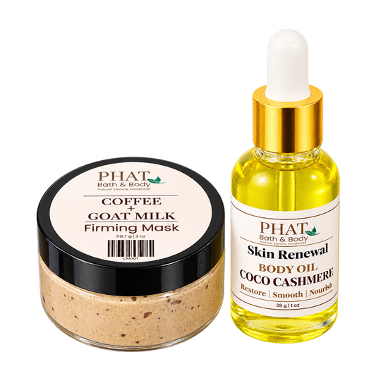 Phat Bath & Body Firm + Renew Trial Set featuring a 2 oz Coffee + Goat Milk Firming Mask in a clear jar with black lid and 1 oz Coco Cashmere Skin Renewal Oil in a glass dropper bottle. Two-step body care set for smoother, softer-feeling skin.
