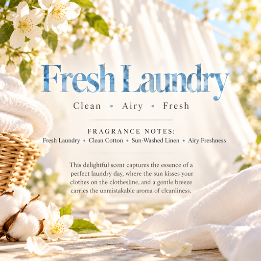Fresh Laundry scent profile featuring fresh laundry, clean cotton, sun-washed linen and airy freshness inspired by freshly washed clothes.
