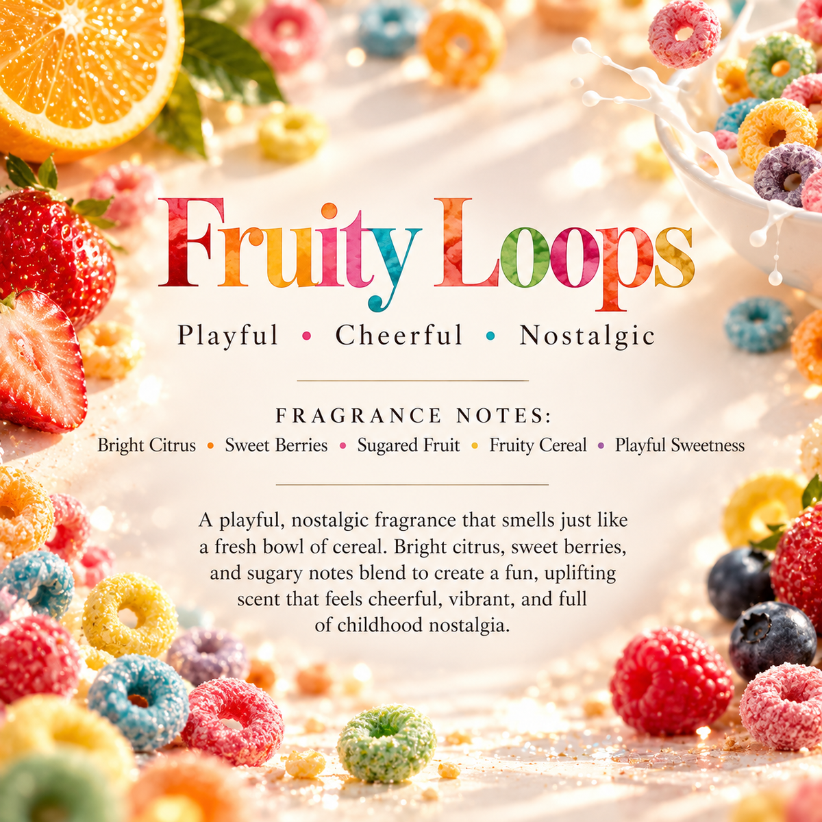 Fruity Loops scent profile featuring bright citrus, sweet berries, sugared fruit, fruity cereal and playful sweetness for a nostalgic gourmand fragrance.