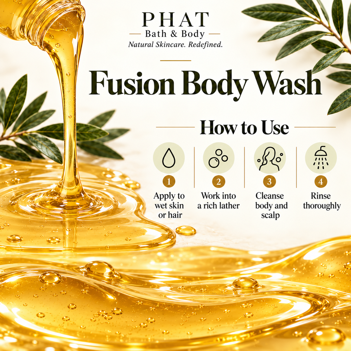 Phat Bath & Body Fusion Body Wash how-to-use graphic showing golden body wash pouring into a glossy pool, with steps to apply to wet skin or hair, work into a rich lather, cleanse, and rinse thoroughly.