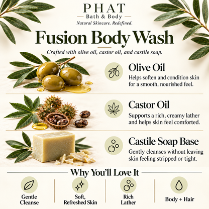 Phat Bath & Body Fusion Body Wash ingredients and benefits featuring olive oil, castor oil, and Castile soap base for gentle cleansing, rich lather, soft skin, and body and hair use.