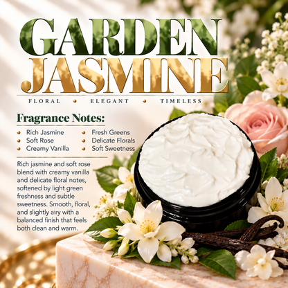 Garden Jasmine body lotion scent profile image by Phat Bath & Body featuring the original open black lotion jar with jasmine, rose, vanilla and fresh green accents, with fragrance notes of rich jasmine, soft rose, creamy vanilla, fresh greens, delicate florals and soft sweetness.