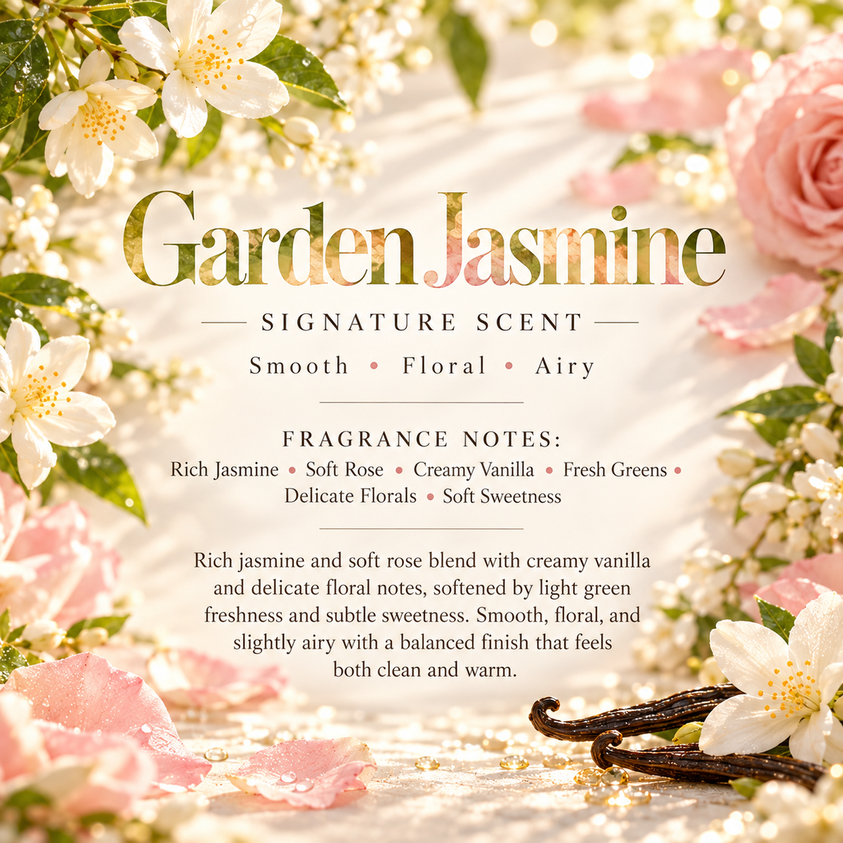 Garden Jasmine Signature Scent profile featuring rich jasmine, soft rose, creamy vanilla, fresh greens, delicate florals and soft sweetness.