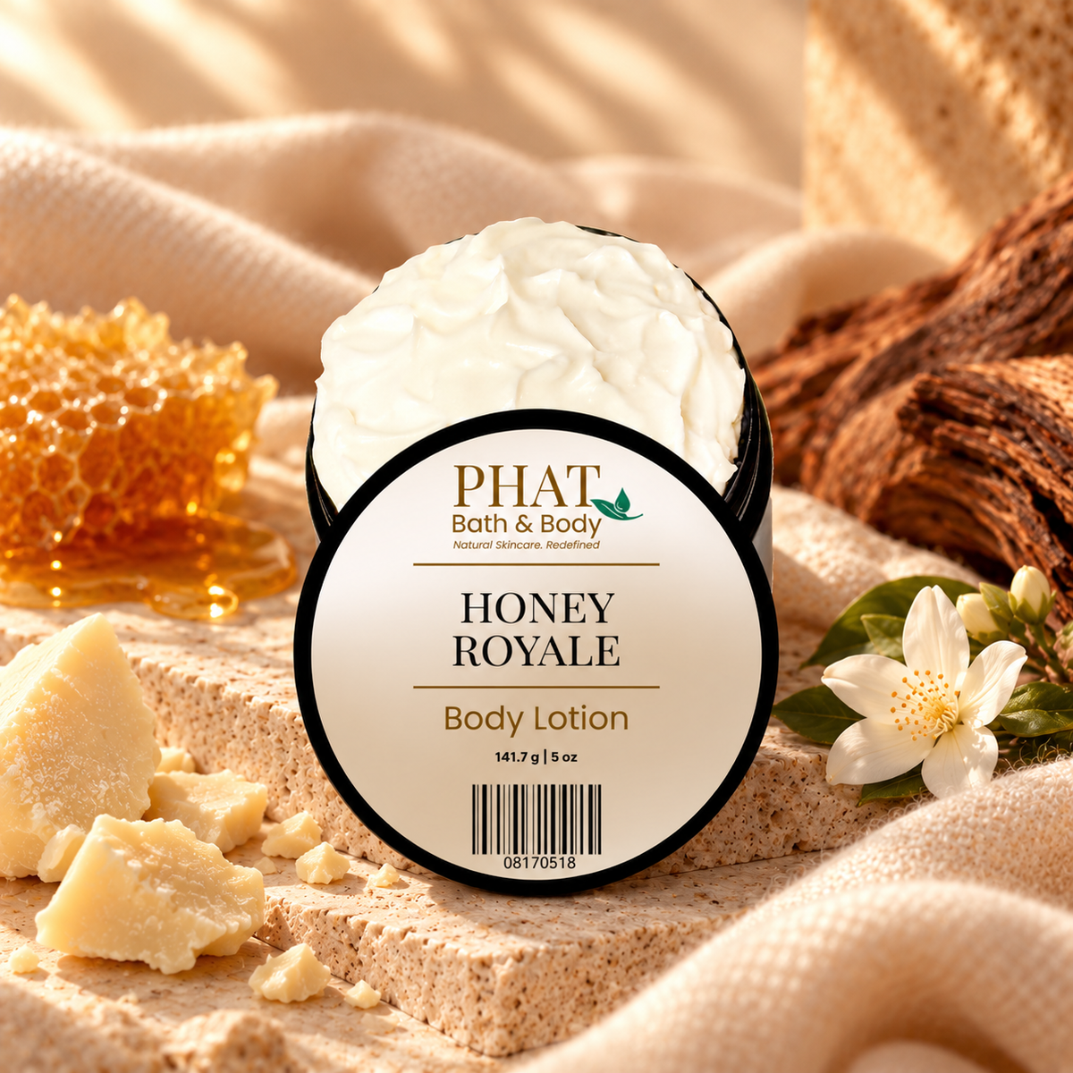 Phat Bath & Body Honey Royale Body Lotion styled with warm honey, cocoa butter, rosewood, and soft amber-inspired accents.