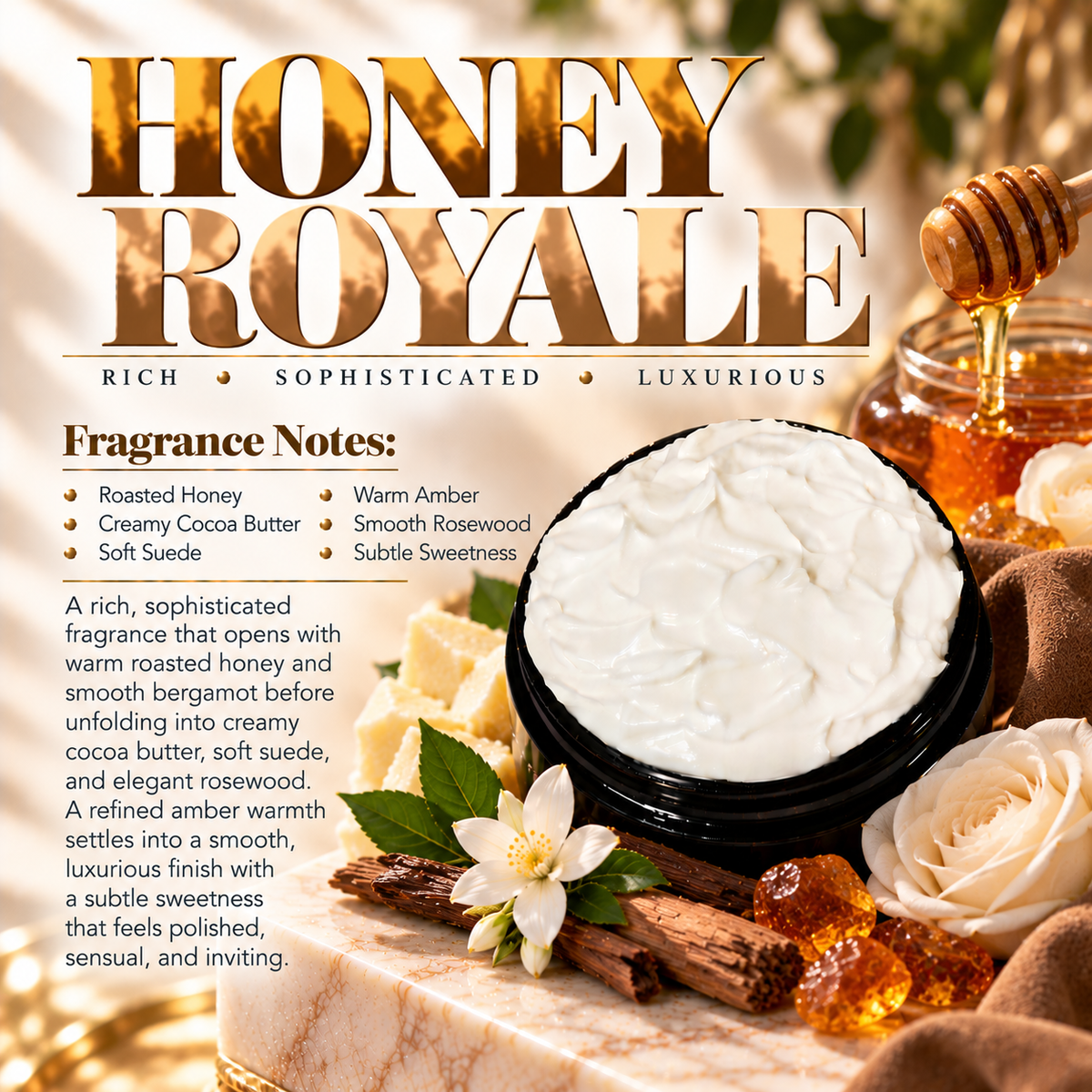 Honey Royale body lotion scent profile image by Phat Bath & Body featuring the original open black lotion jar with roasted honey, cocoa butter, suede, amber and rosewood accents, with fragrance notes of roasted honey, creamy cocoa butter, soft suede, warm amber, smooth rosewood and subtle sweetness.