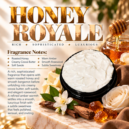 Honey Royale body lotion scent profile image by Phat Bath & Body featuring the original open black lotion jar with roasted honey, cocoa butter, suede, amber and rosewood accents, with fragrance notes of roasted honey, creamy cocoa butter, soft suede, warm amber, smooth rosewood and subtle sweetness.