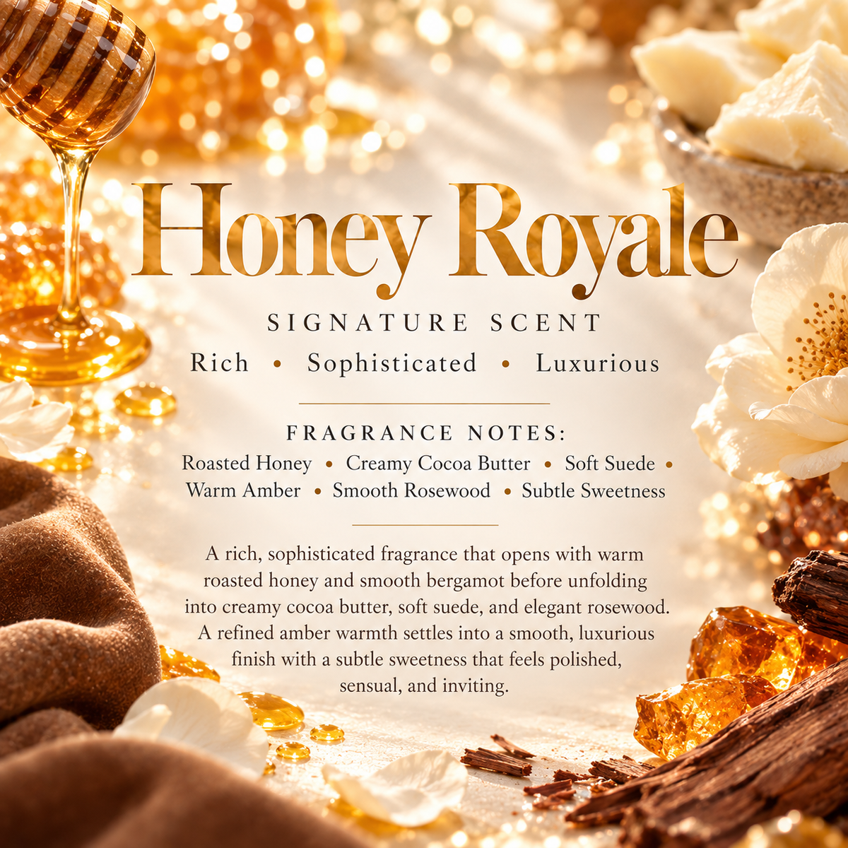 Honey Royale Signature Scent profile featuring roasted honey, creamy cocoa butter, soft suede, warm amber, smooth rosewood and subtle sweetness.