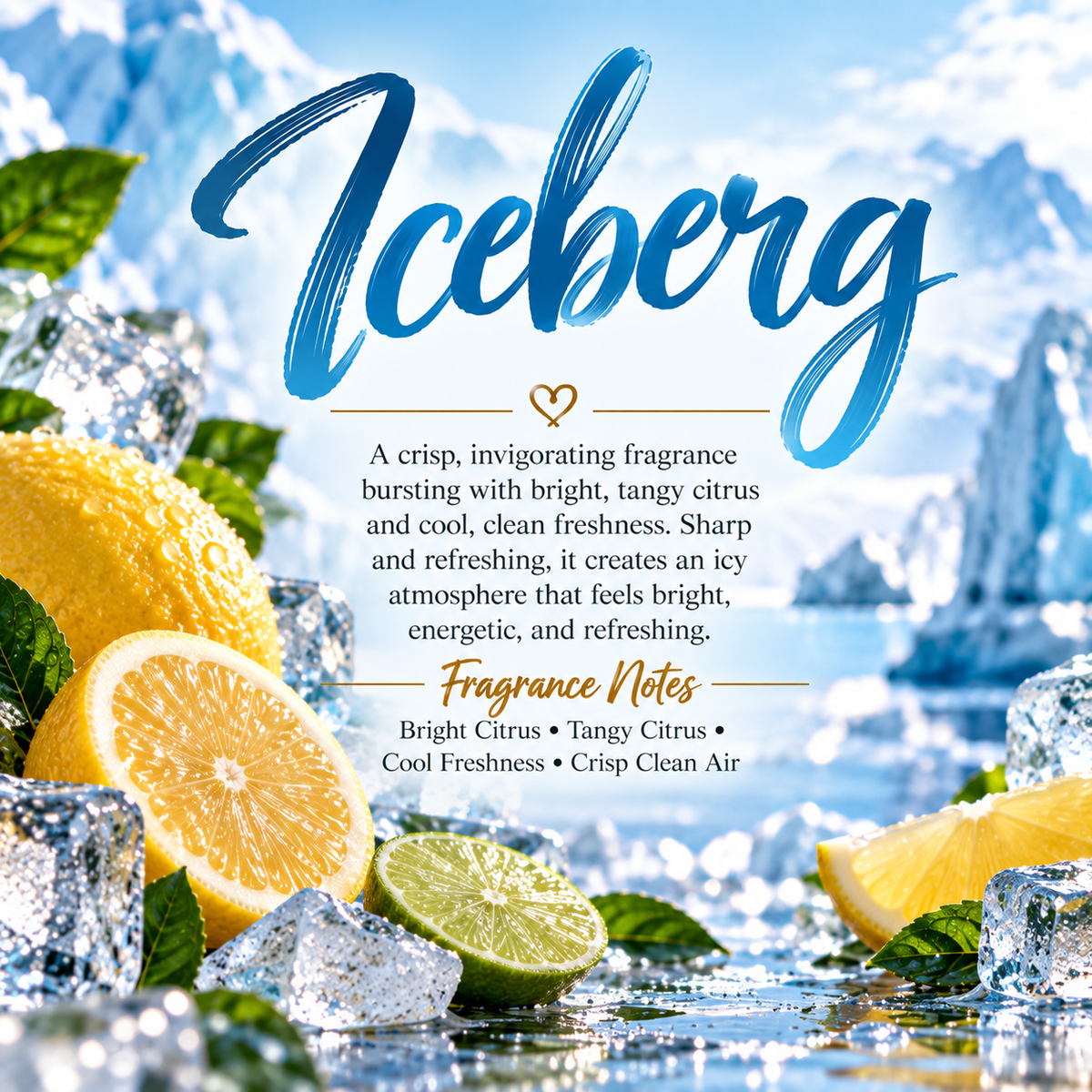 Iceberg scent profile featuring bright citrus, tangy citrus, cool freshness and crisp clean air for an invigorating icy fragrance.