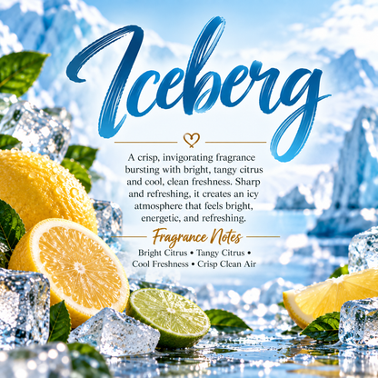 Iceberg scent profile featuring bright citrus, tangy citrus, cool freshness and crisp clean air for an invigorating icy fragrance.